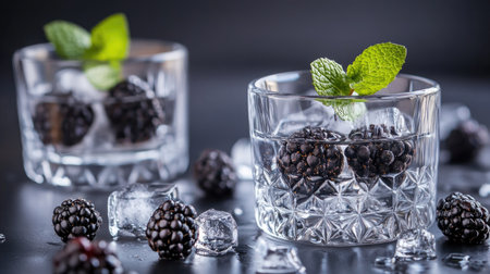 A modern food photography setup featuring blackberry mint water, elegantly styled with scattered berries and ice cubesの素材