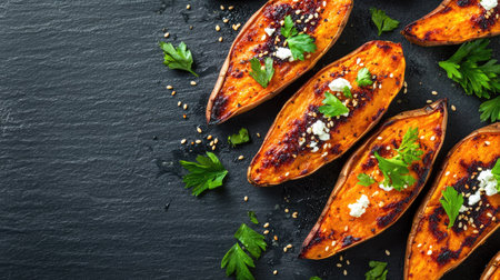A minimalistic presentation of sweet potatoes topped with feta, garnished with parsley and sesame, styled on a rustic grey table with space for textの素材