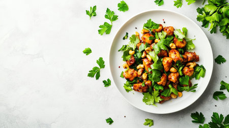 A minimalistic food photography setup featuring Thai chicken cashew stir-fry, neatly plated with fresh herbs on a white dishの素材