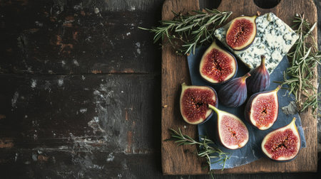A rustic food board with Gorgonzola picante, figs, and fresh rosemary sprigs, styled in warm tones for a cozy food recipe backgroundの素材
