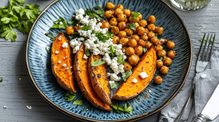 A vibrant platter of baked sweet potatoes, crumbled feta, and roasted chickpeas, styled on a grey wooden table with minimalistic decorの素材