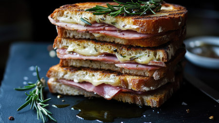 A stack of sandwiches with cured ham, fresh rosemary, and a touch of olive oil, arranged on a grey slate board for a rustic lookの素材