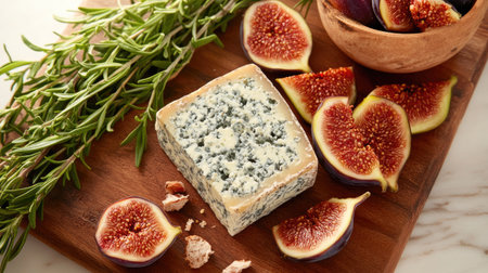 A rustic food board with Gorgonzola picante, figs, and fresh rosemary sprigs, styled in warm tones for a cozy food recipe backgroundの素材