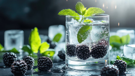A minimalist composition featuring detox water with blackberries and mint, with ice cubes sparkling under soft natural lightの素材