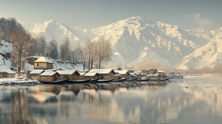 A scenic winter landscape of Dal Lake, with traditional Kashmiri houseboats lining the shore and the snowy mountains standing majestically in the background.の素材