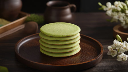 A stack of pandan-flavored hot cakes with crispy edges, served on a rustic wooden plateの素材