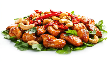 A perfectly balanced Thai cashew nut chicken dish, featuring golden cashews, red chilies, and tender chicken, isolated on a white backgroundの素材
