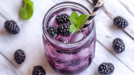 A high-angle view of blackberry and mint-infused water, served in a mason jar with a striped straw, on a white wooden tableの素材