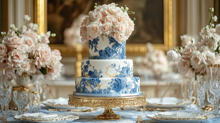 Aesthetic two-tiered wedding cake in blue and white, adorned with sugar roses and golden accents, placed in an elegant wedding settingの素材