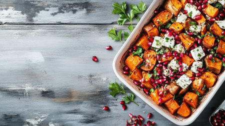 An elegant dish of sweet potatoes and feta cheese, garnished with pomegranate seeds and herbs, placed on a grey wooden surface with room for textの素材