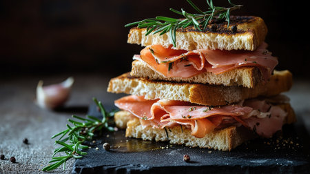 A stack of sandwiches with cured ham, fresh rosemary, and a touch of olive oil, arranged on a grey slate board for a rustic lookの素材