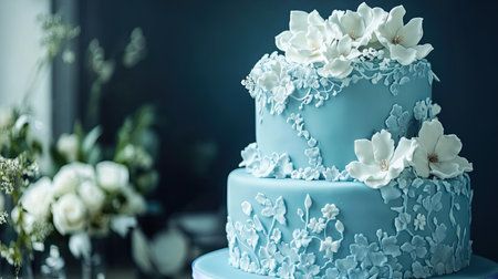 Aesthetic blue cake with intricate white floral designs, featuring a blank space for a name or wedding message, elegant table settingの素材