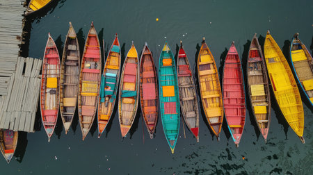 Aerial view of shikaras lined up near a wooden pier, ready to transport locals and tourists across Dal Lake.の素材