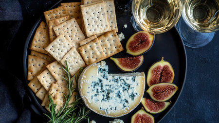 A vibrant platter of Gorgonzola picante blue cheese, fresh figs, crackers, and wine glasses, styled for a party food recipe backgroundの素材