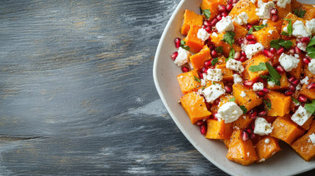 An elegant dish of sweet potatoes and feta cheese, garnished with pomegranate seeds and herbs, placed on a grey wooden surface with room for textの素材
