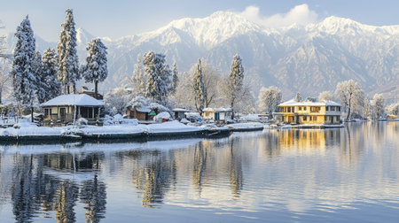 An epic winter scene of Dal Lake, where snowfall blankets the surrounding trees and houseboats, while the towering mountains stand majestically in the background.の素材