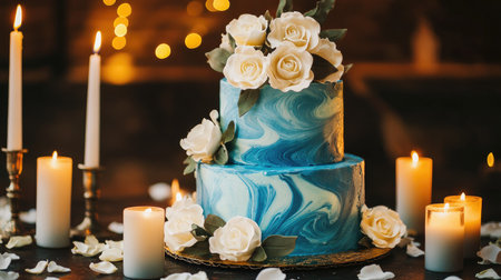 Beautifully designed two-tiered wedding cake with blue marbled fondant and white sugar roses, set on a table with candles and petalsの素材