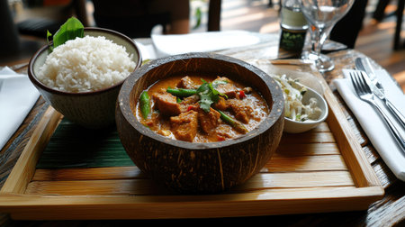 Authentic Thai red curry with pork served in a coconut shell, placed on a rustic bamboo tray with a side of jasmine rice.の素材