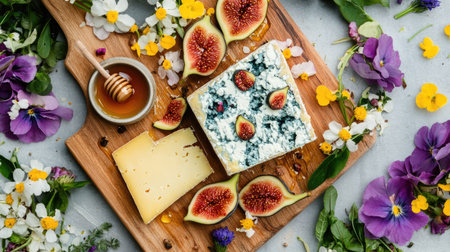 Blue cheese and figs styled on a wooden serving board with edible flowers and a small dish of honey for a sophisticated recipe backgroundの素材