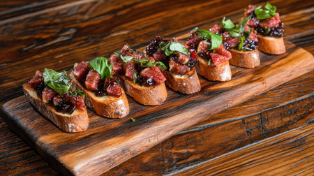 Classic Italian-style bruschetta with fig jam, rich blue cheese, and fresh basil, served on a rustic wooden boardの素材
