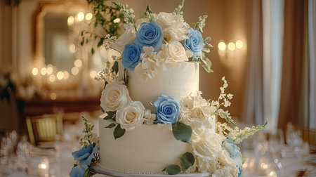 Beautifully decorated two-tiered wedding cake with delicate white and blue sugar roses, placed in a sophisticated banquet hallの素材