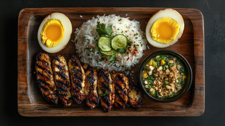 Classic Som Tam Thai served with salted egg, grilled chicken, and sticky rice, presented on a rustic wooden platter.の素材