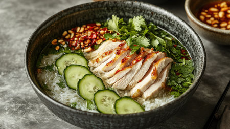 Authentic Thai-style Khao Man Gai dish, garnished with sliced cucumber and coriander, with a side of warm, clear chicken soup.の素材