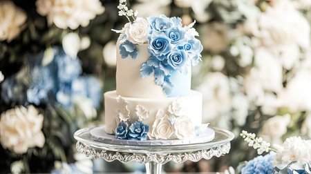 Beautiful white and blue wedding cake with handcrafted sugar roses, displayed on a glass stand, soft-focus floral backgroundの素材