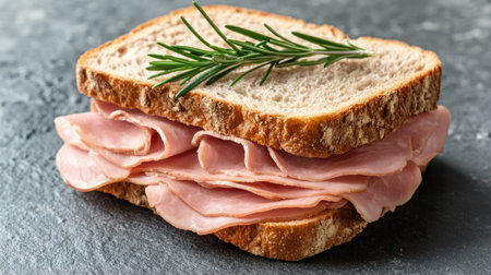 Close-up of crusty bread sandwich with thin slices of cured ham and a sprig of rosemary, placed on a rustic grey slate surfaceの素材