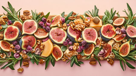 Blue cheese and fresh figs arranged on a wooden board with sprigs of rosemary, walnuts, and honeycomb, perfect for an elegant food backgroundの素材