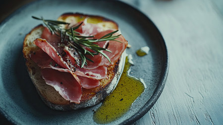 Close-up of an open-faced sandwich with cured ham, rosemary sprigs, and a drizzle of olive oil, styled on a grey textured tableの素材