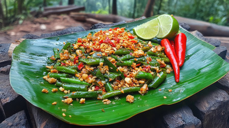 Authentic Thai Som Tum on a banana leaf plate, with lime wedges and red chilies placed artistically beside it.の素材