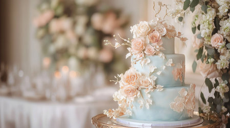 Beautiful two-tiered wedding cake with soft blue watercolor effect and sugar roses, placed on a decorated reception tableの素材