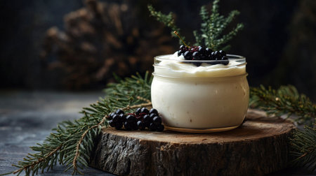 Artistic food photography yogurt in a jar with black currants, wooden textures, moody light, and a cozy, rustic feel.の素材