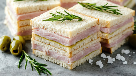 Close-up of cured ham sandwiches on a grey table, garnished with rosemary and served with a side of green olives and sea saltの素材