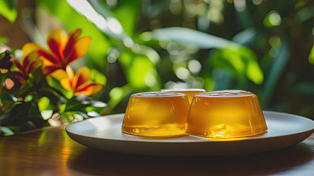 Close-up of golden sweet egg floss jelly, served on a minimalist plate with vibrant tropical flowers in the background.の素材
