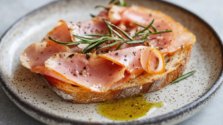 Close-up of an open-faced sandwich with cured ham, rosemary sprigs, and a drizzle of olive oil, styled on a grey textured tableの素材