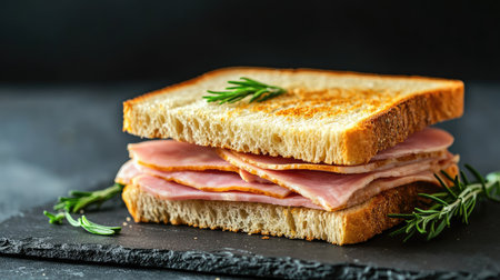 Close-up of crusty bread sandwich with thin slices of cured ham and a sprig of rosemary, placed on a rustic grey slate surfaceの素材