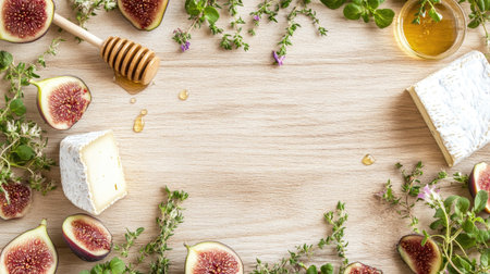 Close-up of Gorgonzola picante blue cheese with figs, thyme sprigs, and a honey dipper, styled on a natural wooden backdropの素材