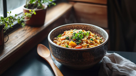 Classic Som Tum placed in a handmade ceramic bowl, with a wooden spoon resting beside it on a dark wooden table.の素材