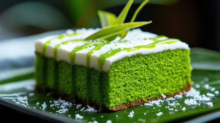 Close-up of pandan hot cake drizzled with coconut cream, placed next to vibrant pandan leavesの素材
