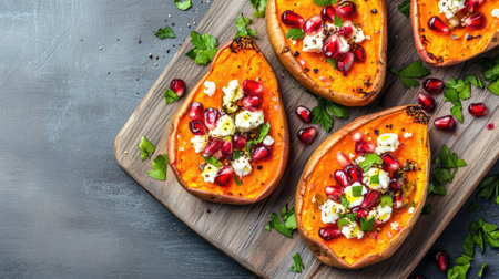 Delicious baked sweet potatoes with creamy feta, pomegranate seeds, and a drizzle of olive oil, served on a rustic grey wooden board with ample space for textの素材