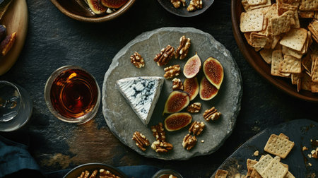 Creamy blue cheese paired with fresh figs, walnuts, and a glass of wine, styled on a stone countertop for an elegant food recipe lookの素材