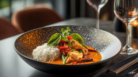 Elegant Thai red curry presentation, served in a fine-dining setting with artistic plating, fresh herbs, and a side of jasmine rice.の素材