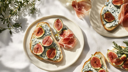 Elegant brunch setup featuring toasts with blue cheese, prosciutto, and figs, placed on a white linen-covered tableの素材