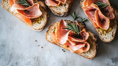 Close-up shot of fresh sandwiches with cured ham, rosemary, and whole grain mustard, styled on a textured grey table surfaceの素材