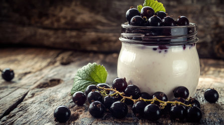 Close-up of homemade yogurt in a jar, black currants spilling over the edge, rustic wooden background, with natural shadows.の素材