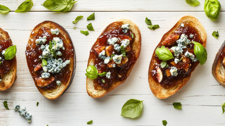Crispy bruschetta topped with fig jam, creamy blue cheese, and fresh basil, elegantly arranged on a light wooden tableの素材