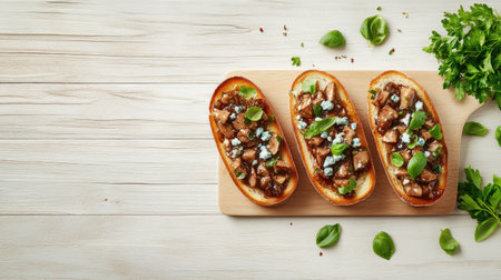 Crispy bruschetta topped with fig jam, creamy blue cheese, and fresh basil, elegantly arranged on a light wooden tableの素材