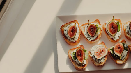 Crisp, golden toasts topped with creamy blue cheese, thinly sliced prosciutto, and fresh figs, set on a white table for a top-down viewの素材